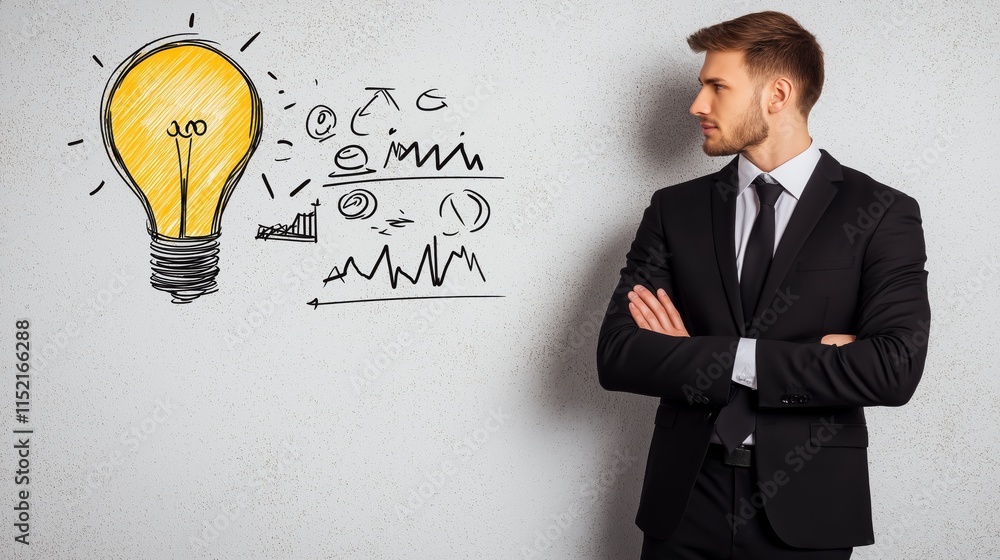 Poster Savvy Individual Exploring Innovative Ideas with Business Growth Graphics and a Lightbulb on a Concrete Wall in a Professional Setting