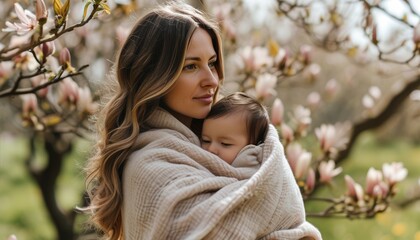 Mother and child in a blossoming garden with copy space