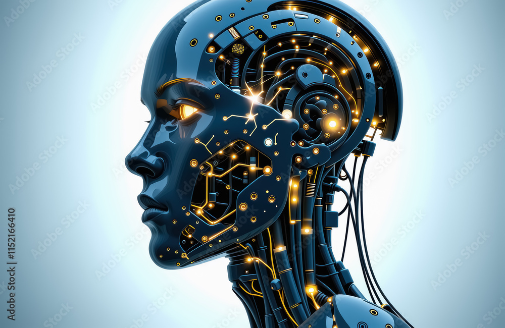 Poster futuristic android with circuitry and digital connections