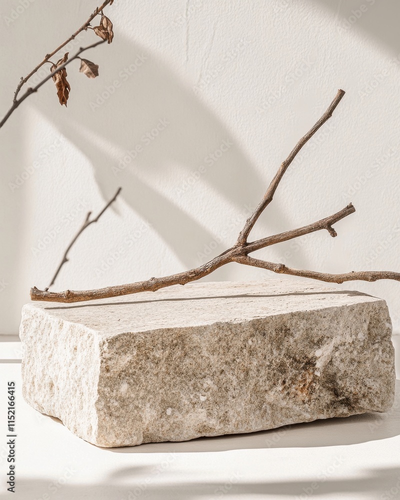 Poster a textured stone block with a delicate branch resting on top, set against a softly lit background.