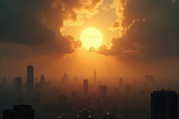 Fototapeta premium A symbolic sun breaking through clouds over a war-torn city