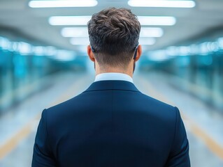 Visionary entrepreneur with a transforming background of industries, symbolizing adaptability in market leadership