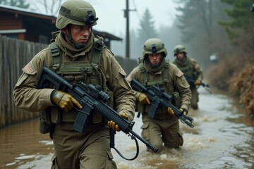 Fototapeta premium Soldiers conducting rescue drills in flood-affected areas