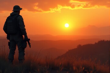 Fototapeta premium A soldier standing guard at a border checkpoint during sunset