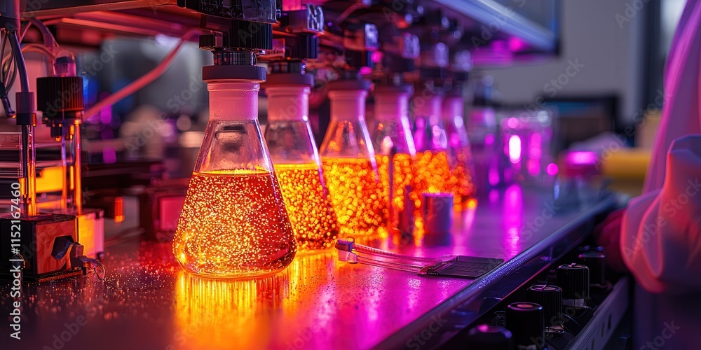 Poster laboratory scene with colorful flasks filled with liquid, illuminated by vibrant lights, showcasing 
