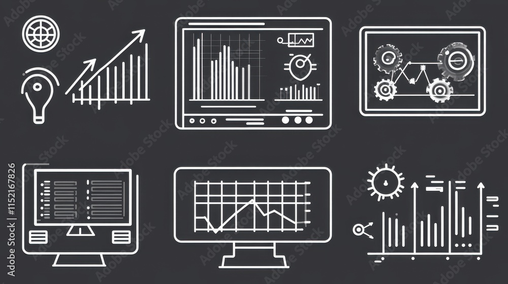 Poster illustration of data analysis and computer screens with charts, graphs, and analytics symbols on a d