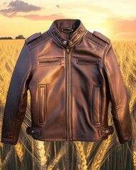 Naklejka premium Stylish brown leather jacket showcased against a golden wheat field at sunset, exuding rugged elegance.