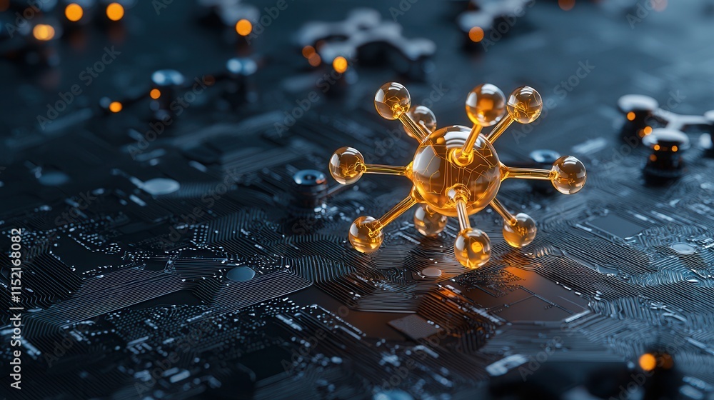 Poster a close-up view of a molecular structure on a circuit board, showcasing a blend of technology and sc