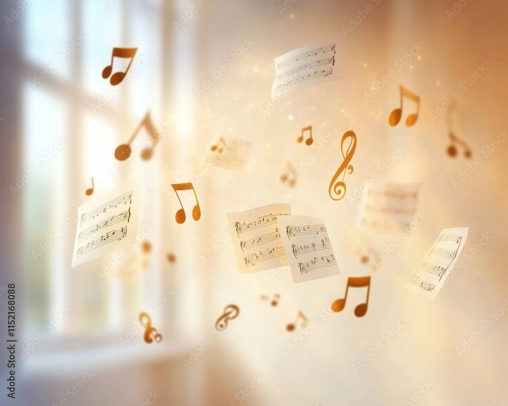 Poster an ethereal display of floating music notes and sheets, creating a dreamy atmosphere that celebrates