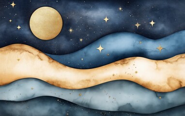 Obraz premium Intricate Artistic Map Depicting Celestial Themes with Waves and Stars, Featuring Golden Moon on a Textured Background of Vivid Blues and Warm Earth Tones