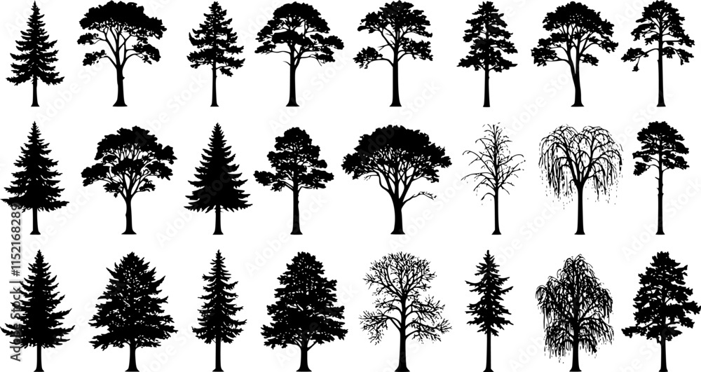 Poster silhouette tree line drawing set, side view, set of graphics trees elements outline symbol for archi