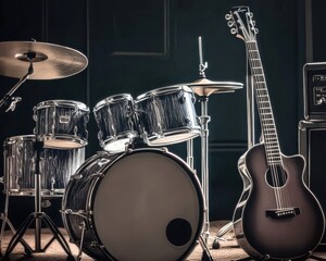 Fototapeta premium A close-up of a drum set and acoustic guitar, showcasing the beauty of musical instruments in a dimly lit setting.