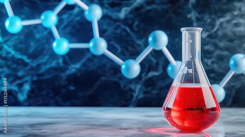 Poster a laboratory flask filled with red liquid sits on a surface, with a molecular structure in the backg