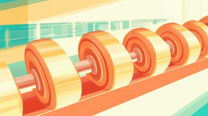 Colorful abstract representation of a weight rack filled with dumbbells, showcasing vibrant hues in an uplifting gym setting.