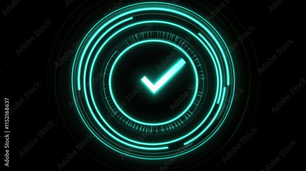 Poster a glowing teal checkmark surrounded by vibrant circular patterns on a dark background, symbolizing c