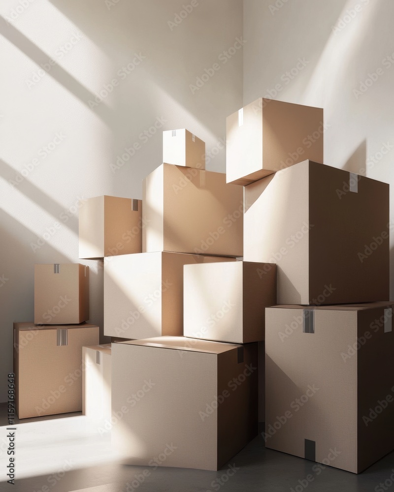 Poster a stack of brown cardboard boxes arranged artistically in soft sunlight, creating a minimalistic and