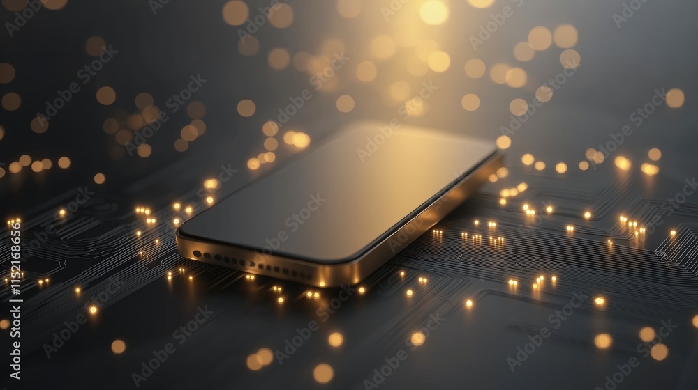 Poster minimalist technology scene featuring a sleek smartphone surrounded by golden sparkles and circuit p