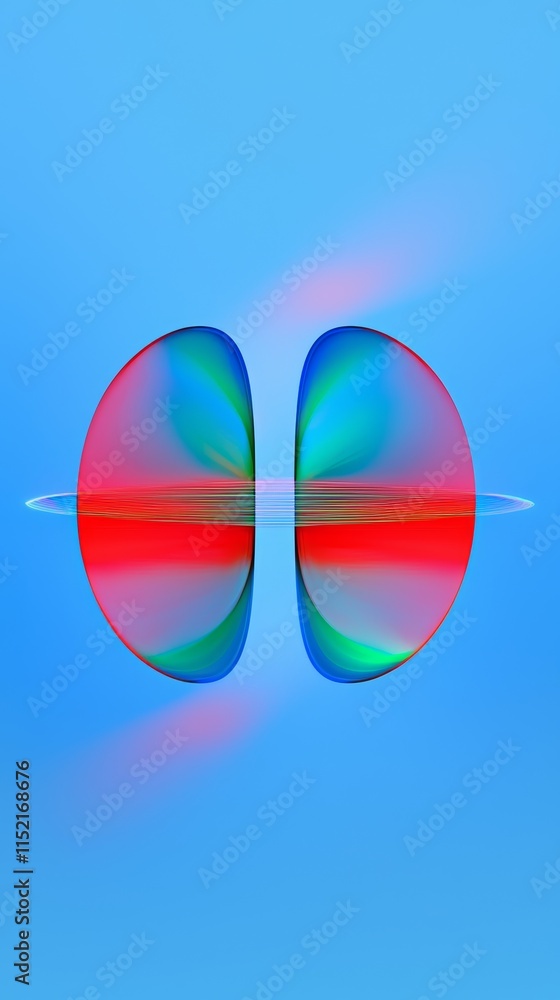 Poster two colorful hemispheres are joined by a horizontal line, creating a colorful and abstract design on
