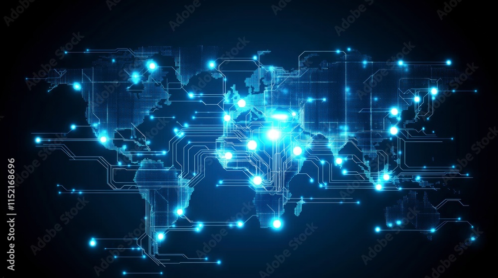 Poster abstract representation of global energy circuits with illuminating nodes in a digital world map des