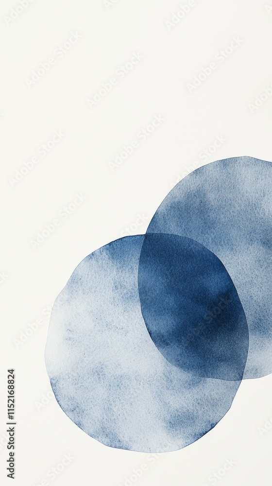 Poster two watercolor circles, painted in shades of blue, overlap on a pristine white background, creating 