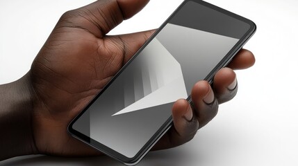 Dark-skinned hand holding a smartphone displaying an abstract gray design.