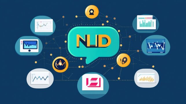 Colorful digital icons and graphs surrounding a central chat bubble with 'NID', representing data analysis and communication.