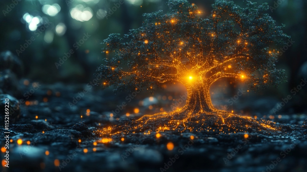 Aufkleber A tree radiates warm, glowing lights, creating a magical atmosphere on the forest floor. Soft twilight filters through branches, enhancing the serene environment.