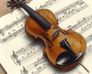 Naklejka premium A beautiful wooden violin rests on a sheet of musical notes, showcasing its craftsmanship and elegance.