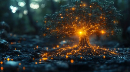 Fototapeta premium A tree radiates warm, glowing lights, creating a magical atmosphere on the forest floor. Soft twilight filters through branches, enhancing the serene environment.