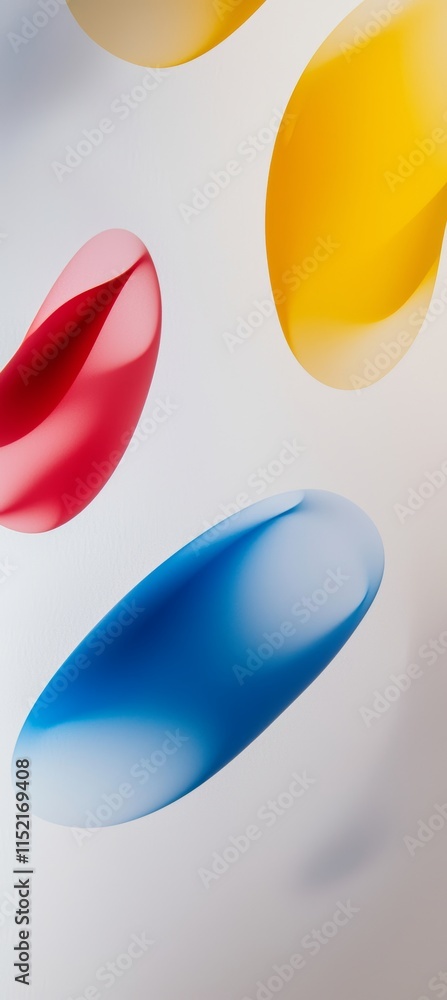 Poster colorful abstract shapes floating on a white background, creating a vibrant and dynamic composition 