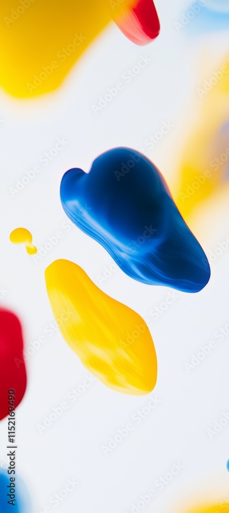 Poster colorful paint blobs floating against a white background create a dynamic and abstract composition, 