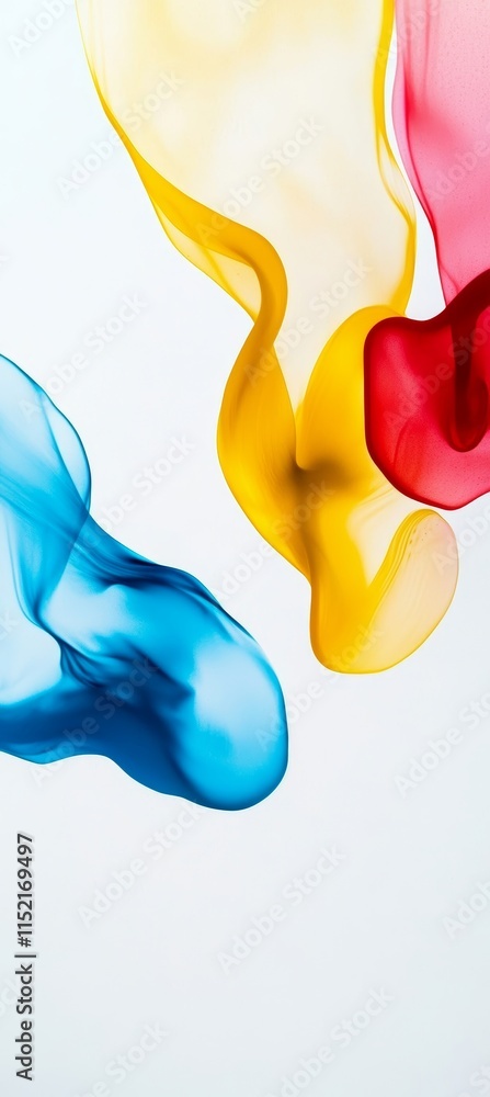 Poster Colorful ink clouds are floating and mixing in water creating abstract shapes with a white background, showcasing a vibrant and dynamic visual