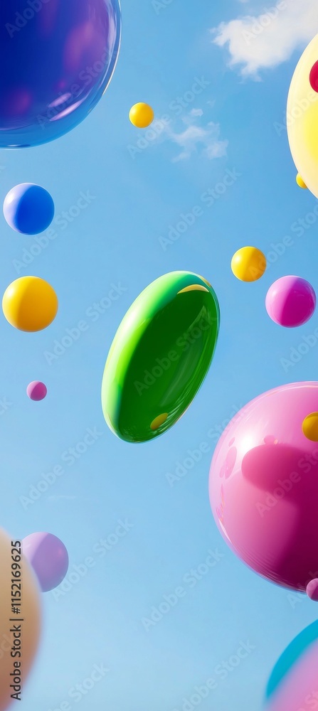 Poster colorful spheres of varying sizes and shapes float against a clear blue sky, creating a playful and 