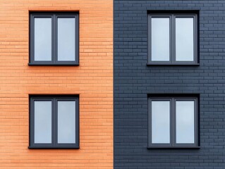 Fototapeta premium Building facade transitioning between modern glass panels and classic brickwork, representing adaptable corporate identities