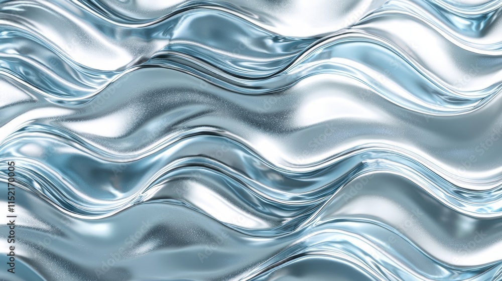 Poster flowing metallic liquid forming smooth, undulating waves, creating an abstract background rich in fl
