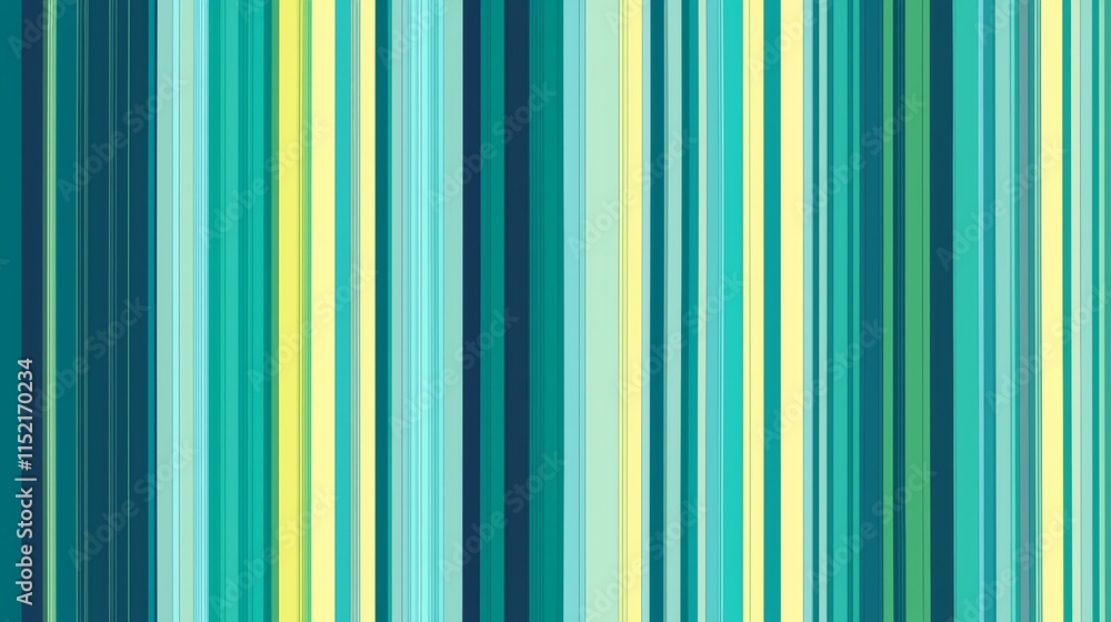 Poster vertical stripes of varying widths and shades of blue, green, and yellow create a vibrant and colorf