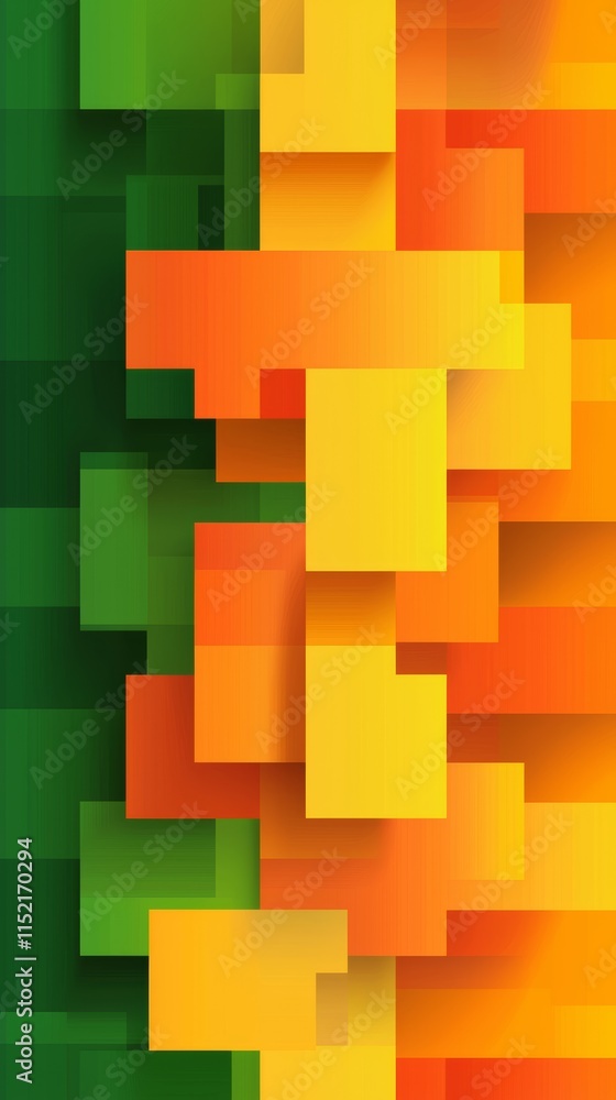 Poster Modern abstract background featuring overlapping semi-transparent green, orange, and yellow squares in varying sizes and shades, creating a vibrant pixel art mosaic effect