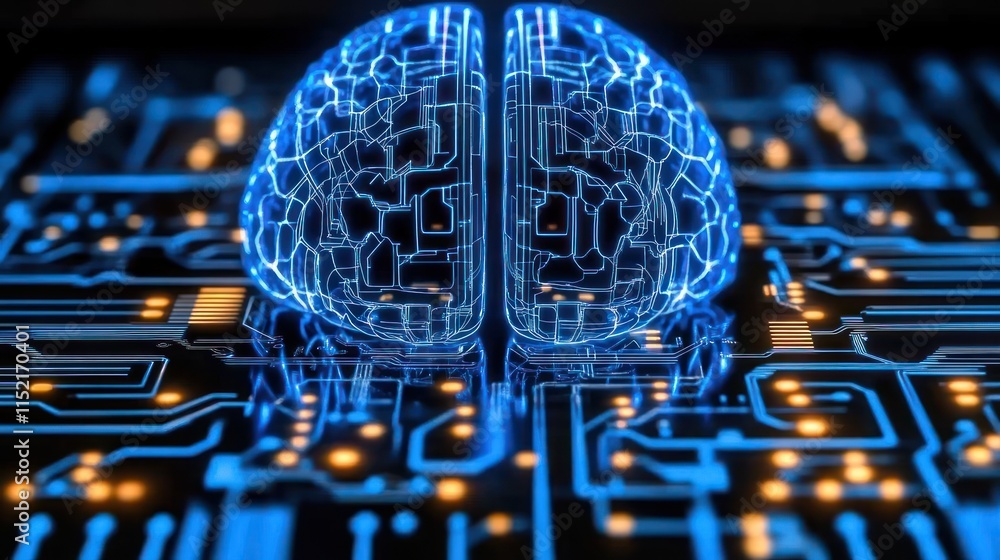 Poster digital brain on circuit board, representing ai, intelligence, technology, and neural networks.