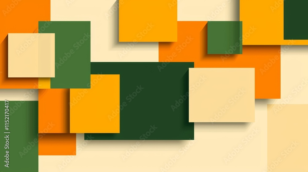 Poster modern abstract background featuring overlapping squares in shades of orange, green, and cream, crea