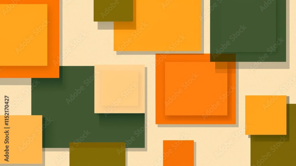 Poster modern abstract background featuring overlapping orange and green squares of varying sizes and shade