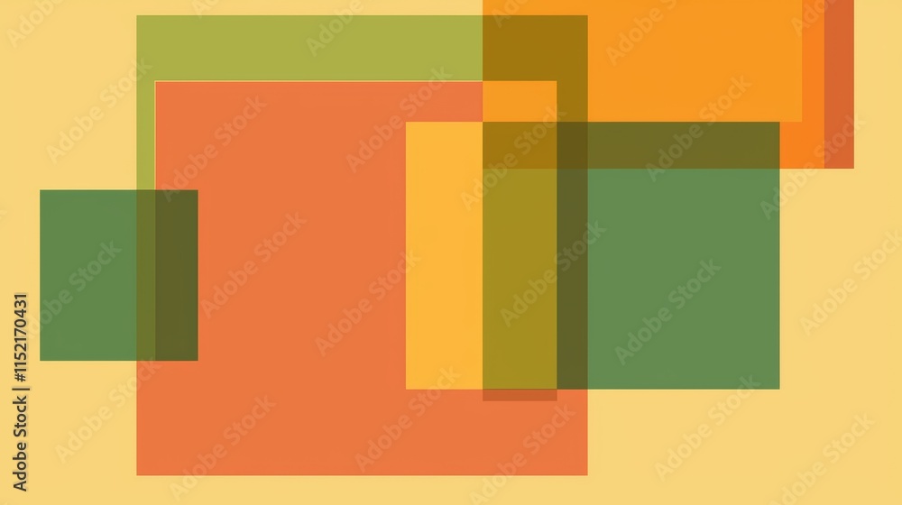 Poster modern abstract background featuring overlapping semi-transparent squares in various warm colors, cr