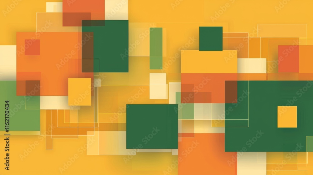 Poster Abstract modern background design with overlapping squares in various shades of orange, green, and yellow, creating a dynamic and visually appealing composition