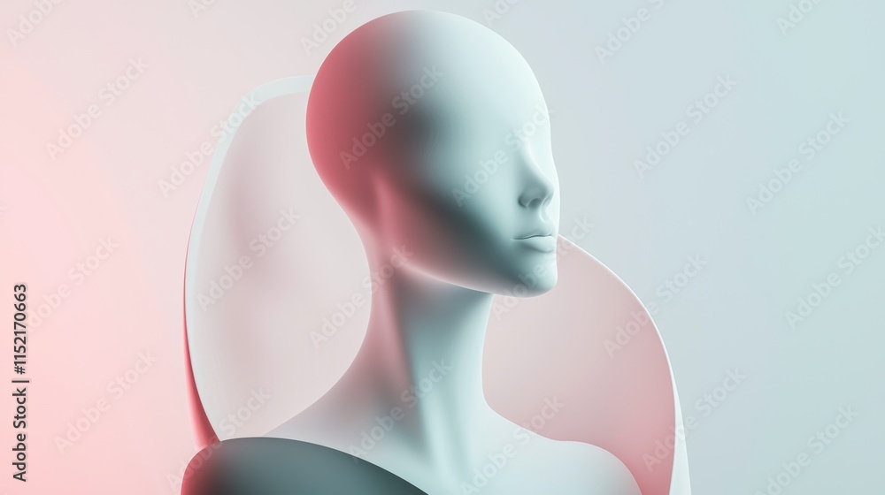 Poster white mannequin head is displayed against a backdrop of pink and blue hues, with abstract shapes add