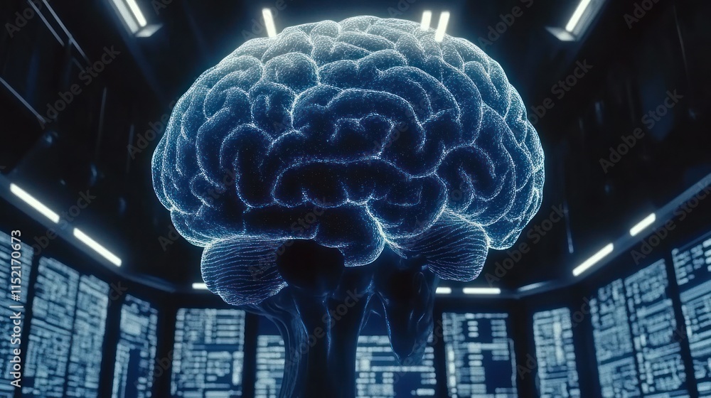 Aufkleber digital rendering of a human brain in a futuristic server room.