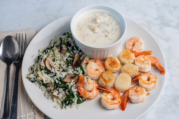 shrimp and scallops with clam chowder