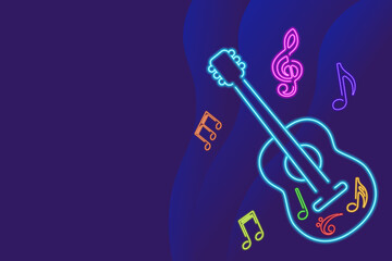 Abstract illustration for music themed designs, posters, and digital artwork, blue glowing neon guitar with colorful music notes, enhancing the visual appeal with modern neon effect.