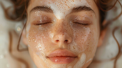 Beautiful photo of a beautiful EuropeAn-American lady receiving beauty treatments in a white spa, with delicate foam on her face, eyes closed, Put your hands gently on your face,super clear details.