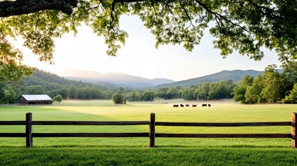 Peaceful rural landscape with cows and barn in sunlit valley