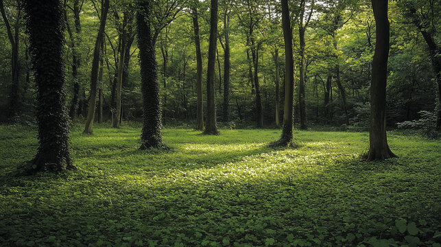Green forest with a shamrock-filled ground for St. Patrick’s Day