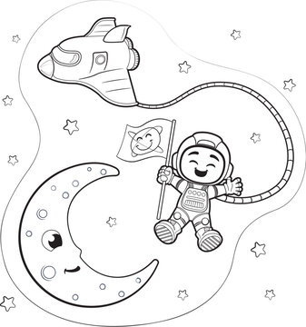 Illustration of a child astronaut in space with the moon and a space rocket. Ideal for promotional and educational materials